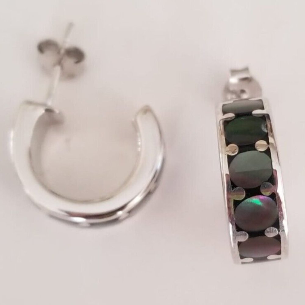 Gray Mother of Pearl Inlay High Polish Sterling Silver Half Hoop Post Earrings